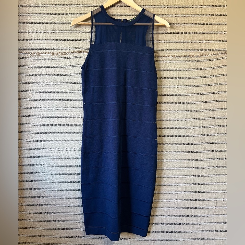 Sam Edelman Navy Midi Bodycon Dress with Sheer Neckline